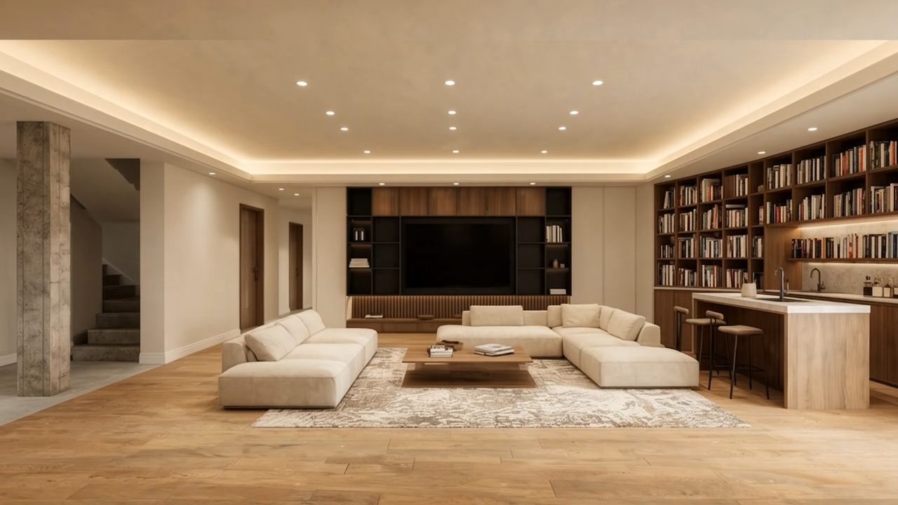 The finished basement lounge, warmly lit, with built-ins and seating