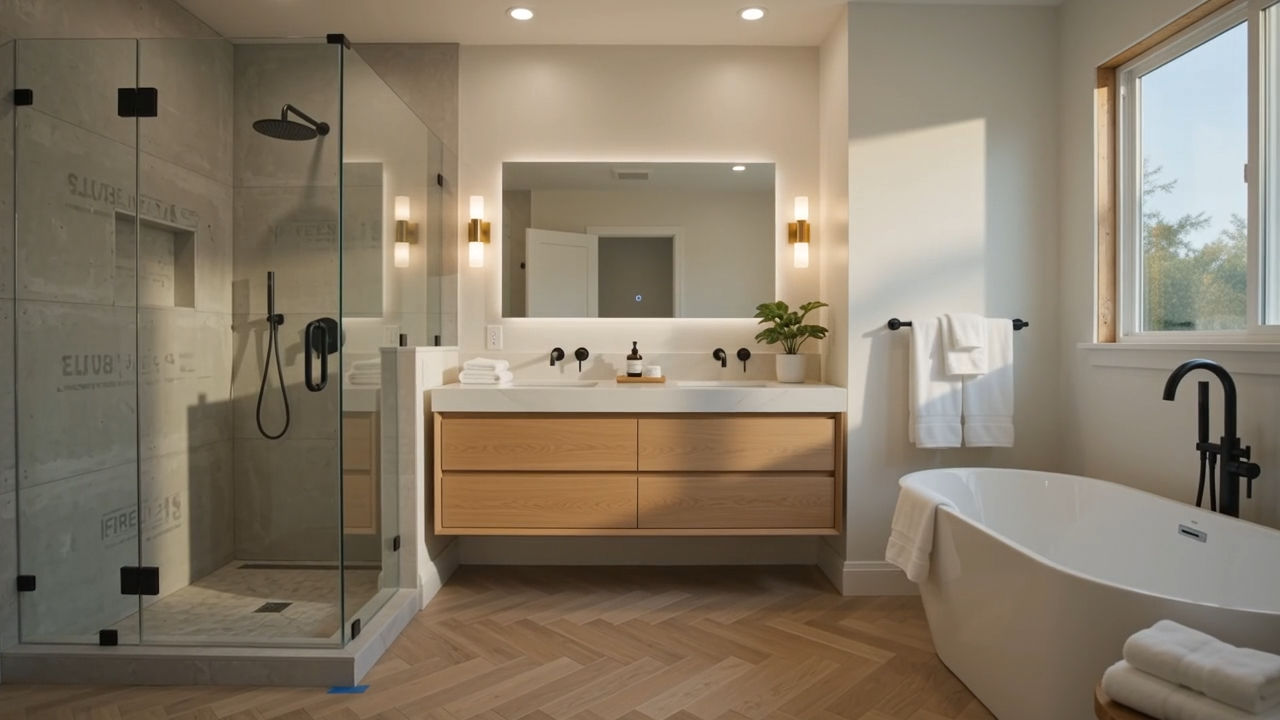 The finished bathroom, warmly lit, with an oak vanity and freestanding tub