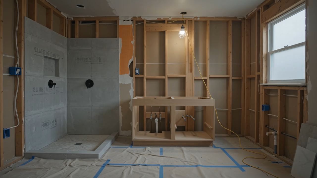 The bathroom stripped back to studs and backer board before the build begins