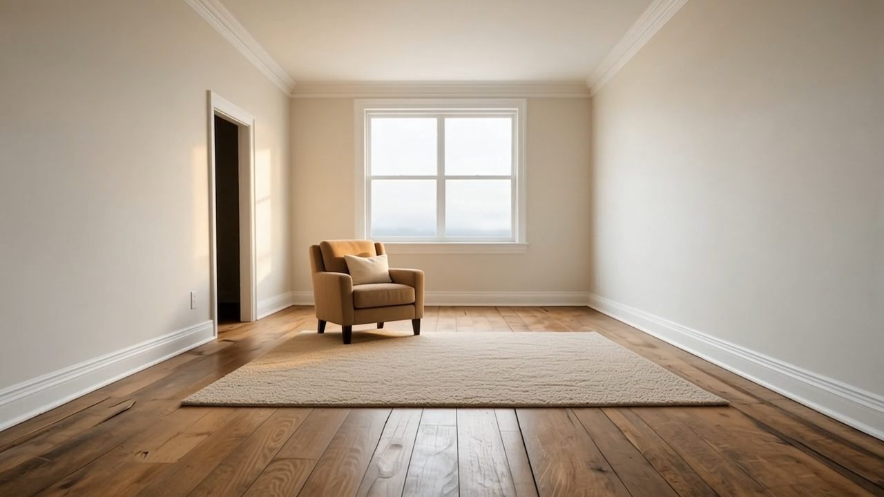 The finished wide-plank oak floor, warm light raking across the grain