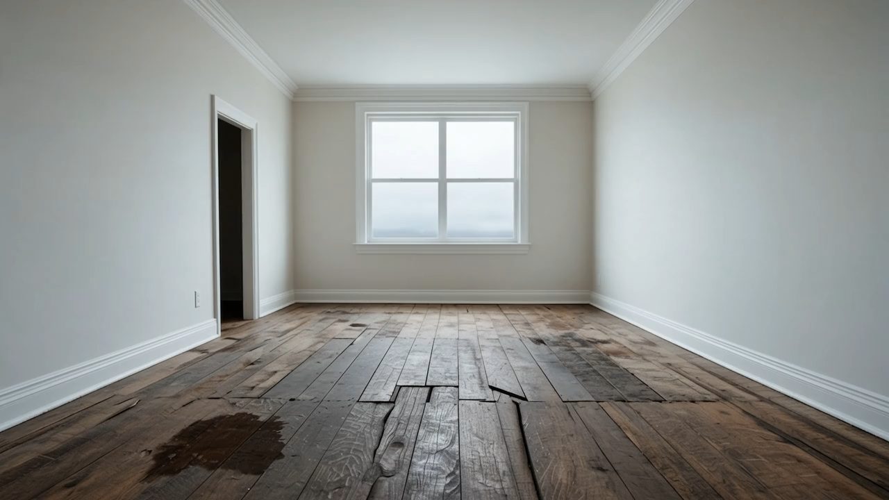 The original floor — scratched, stained boards with lifting edges