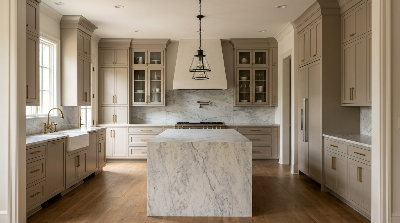 The finished kitchen, lit and styled, with a waterfall marble island
