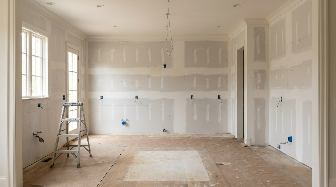 The room stripped back to bare drywall and subfloor before the build begins