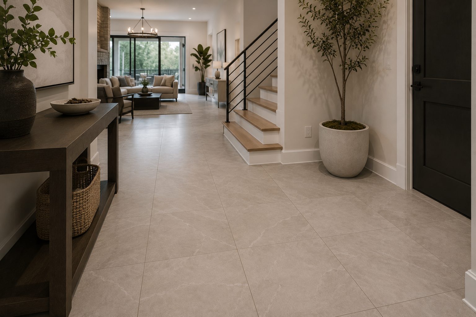 Tile flooring in a Matt Cabinet entryway