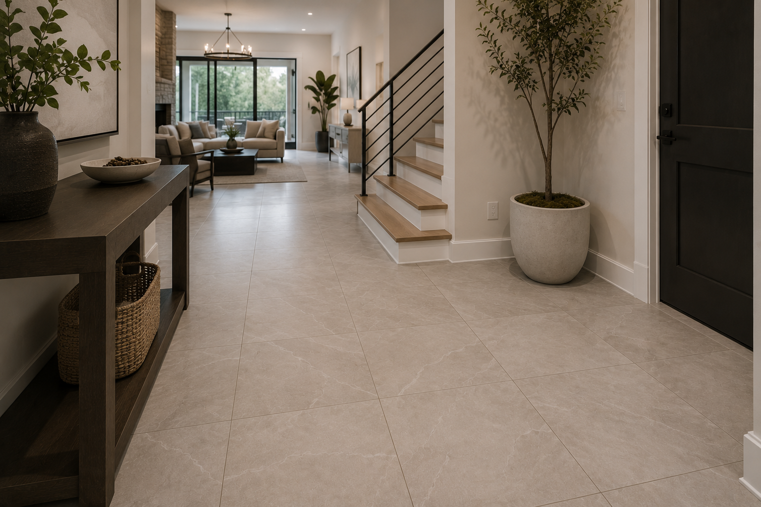 Tile flooring in a Matt Cabinet entryway