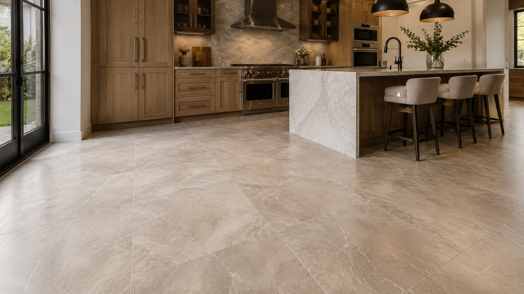 Stone tile flooring in a remodeled kitchen